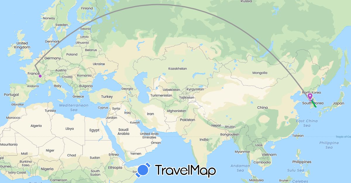 TravelMap itinerary: driving, bus, plane, cycling, train in France, South Korea (Asia, Europe)